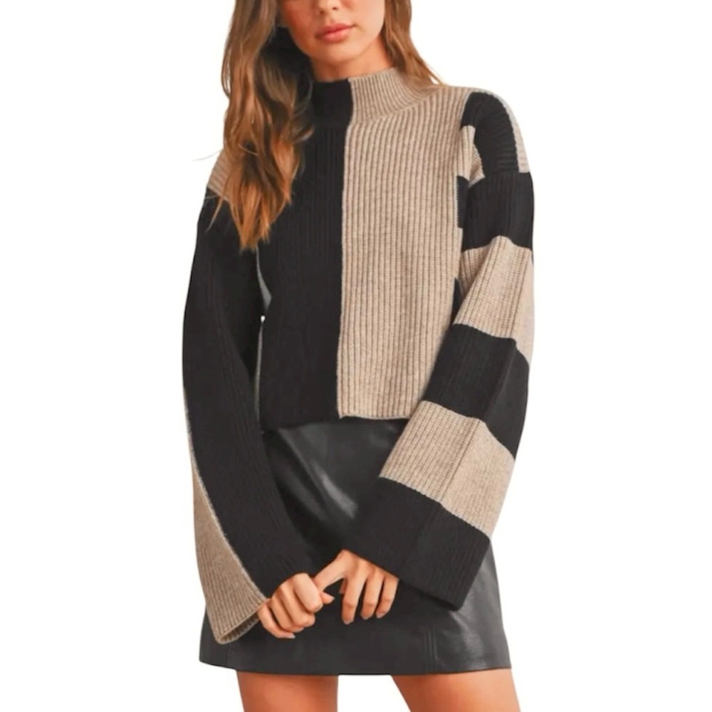 Buttermelon Color Block Mock Turtleneck Sweater, Black and Oat, Sz. S